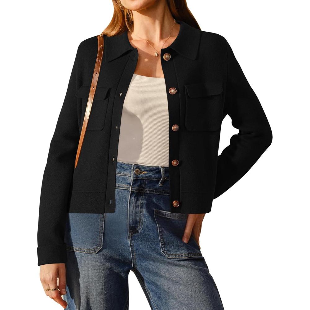 image:imageArachampCloz Womens Wool Blend Spring Fashion Button Down Cropped Jacket Shackets 2026Black