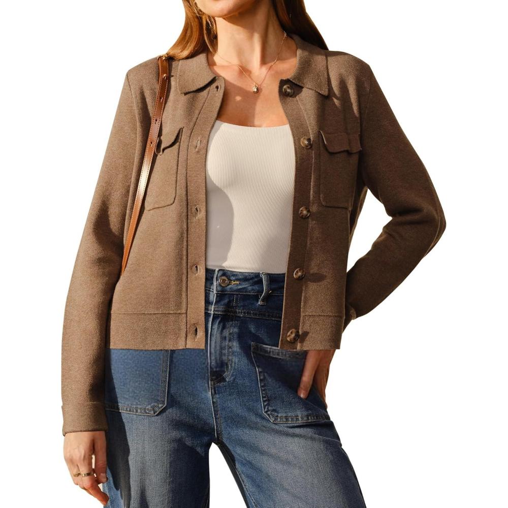 image:imageArachampCloz Womens Wool Blend Spring Fashion Button Down Cropped Jacket Shackets 2026Brown