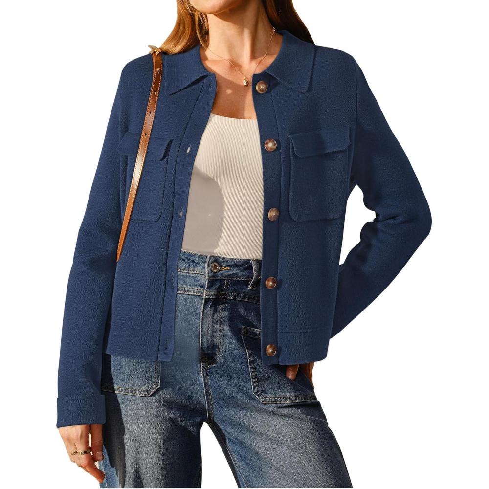 image:imageArachampCloz Womens Wool Blend Spring Fashion Button Down Cropped Jacket Shackets 2026Dark Navy