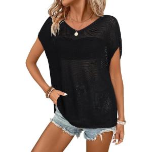 Arach&Cloz Women Crochet Tops 2025 Summer Wool Blended Sweater Vest Short Sleeve Fashion Outfits Oversized Coverup(Black)