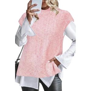 Arach&Cloz Women’s Cotton Blend Cap Sleeve Side Slit Sweater Vest Fall Casual Tops 2025(Light Pink)