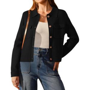 Arach&Cloz Women’s Wool Blend Spring Fashion Button Down Cropped Jacket Shackets 2026(Black)