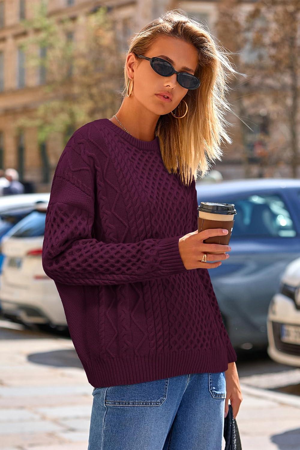 image:imageArachampCloz Womens Wool Blend Cable Knit Spring Winter Chunky Oversized Sweaters 2026Burgundy Dark Red