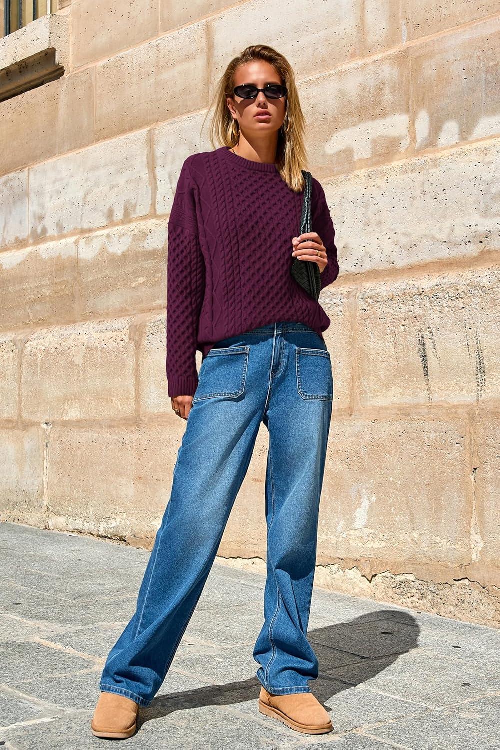 image:imageArachampCloz Womens Wool Blend Cable Knit Spring Winter Chunky Oversized Sweaters 2026Burgundy Dark Red