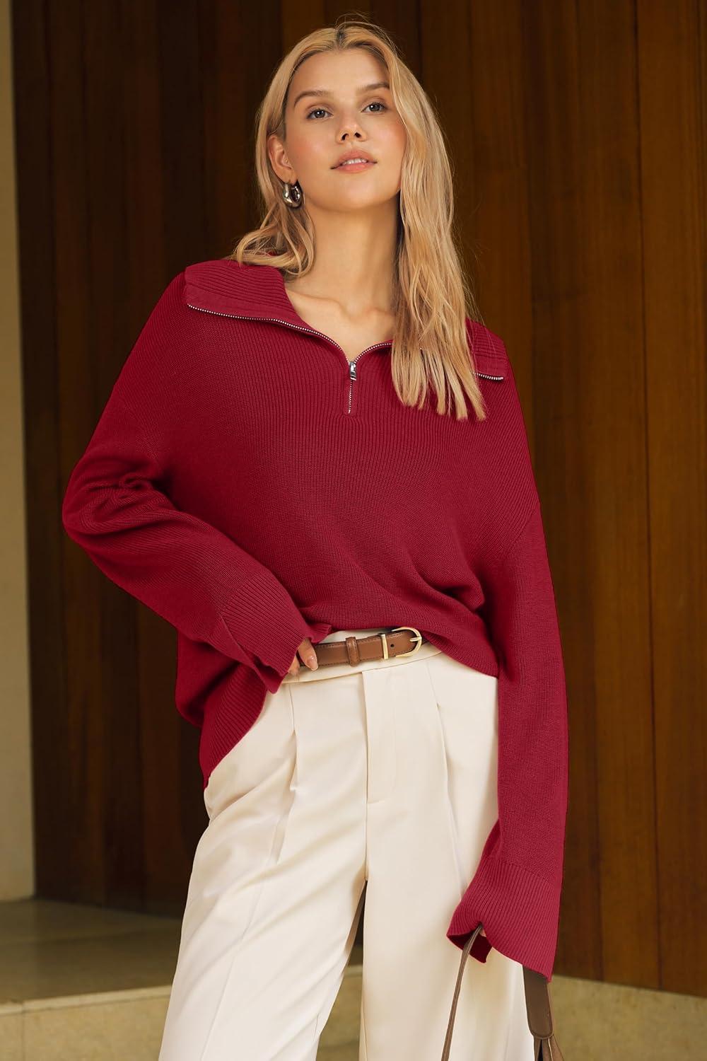 image:imageArachampCloz Womens Wool Blend Quarter Zip Pullover Sweater Trendy Winter Soft Casual Lapel Oversized Fit TopBurgundy