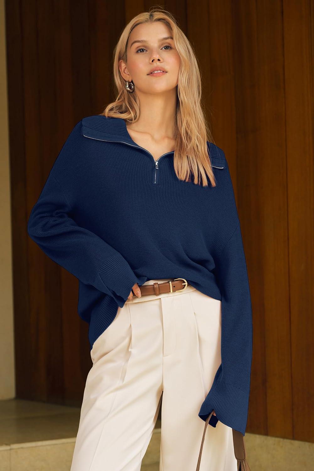 image:imageArachampCloz Womens Wool Blend Quarter Zip Pullover Sweater Trendy Winter Soft Casual Lapel Oversized Fit TopNavy