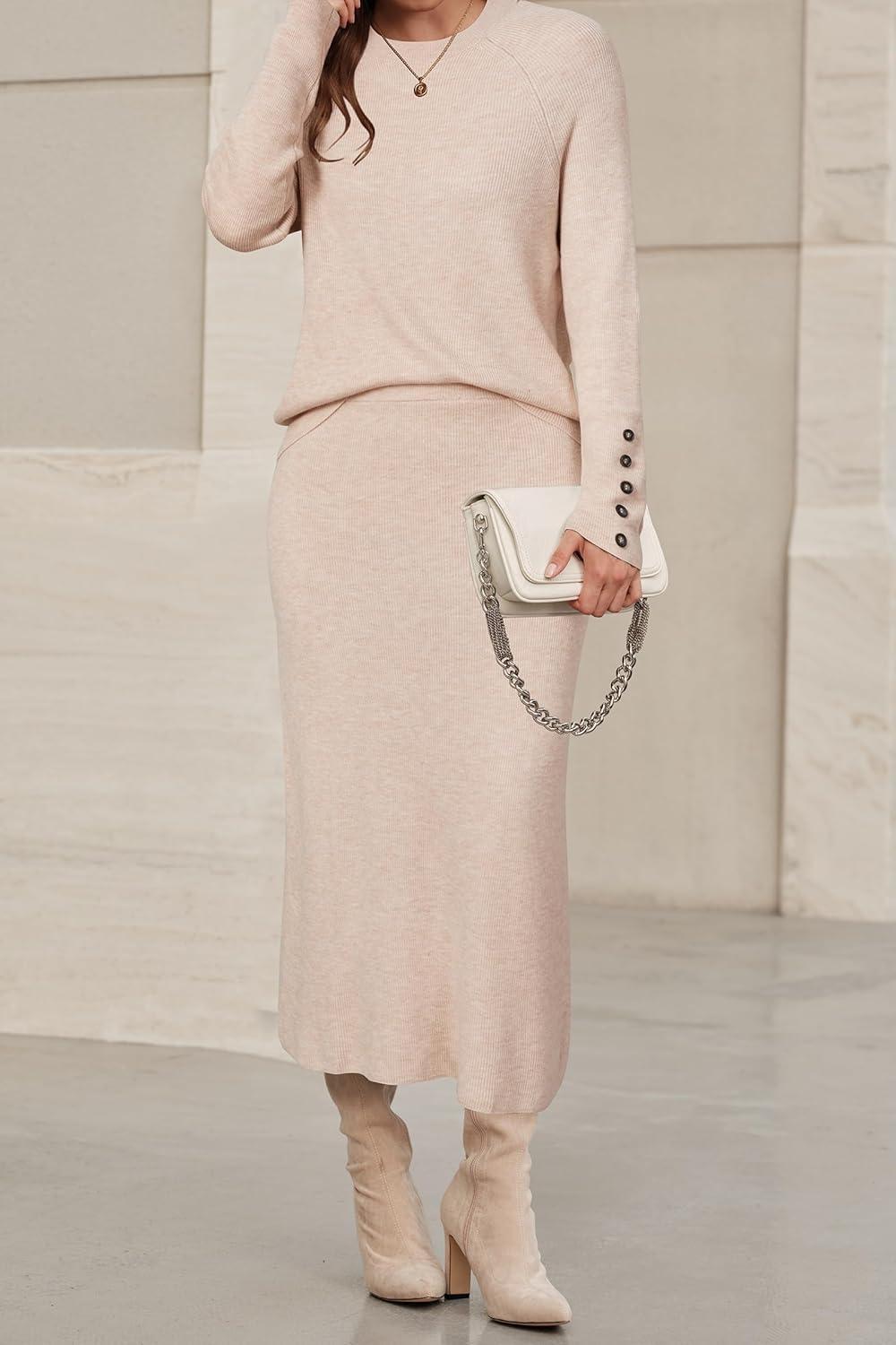 image:imageArachampCloz Womens Wool Blend Sweater 2 Piece Sets Business Lounge Long Sleeve Top Midi Dress OutfitsApricot
