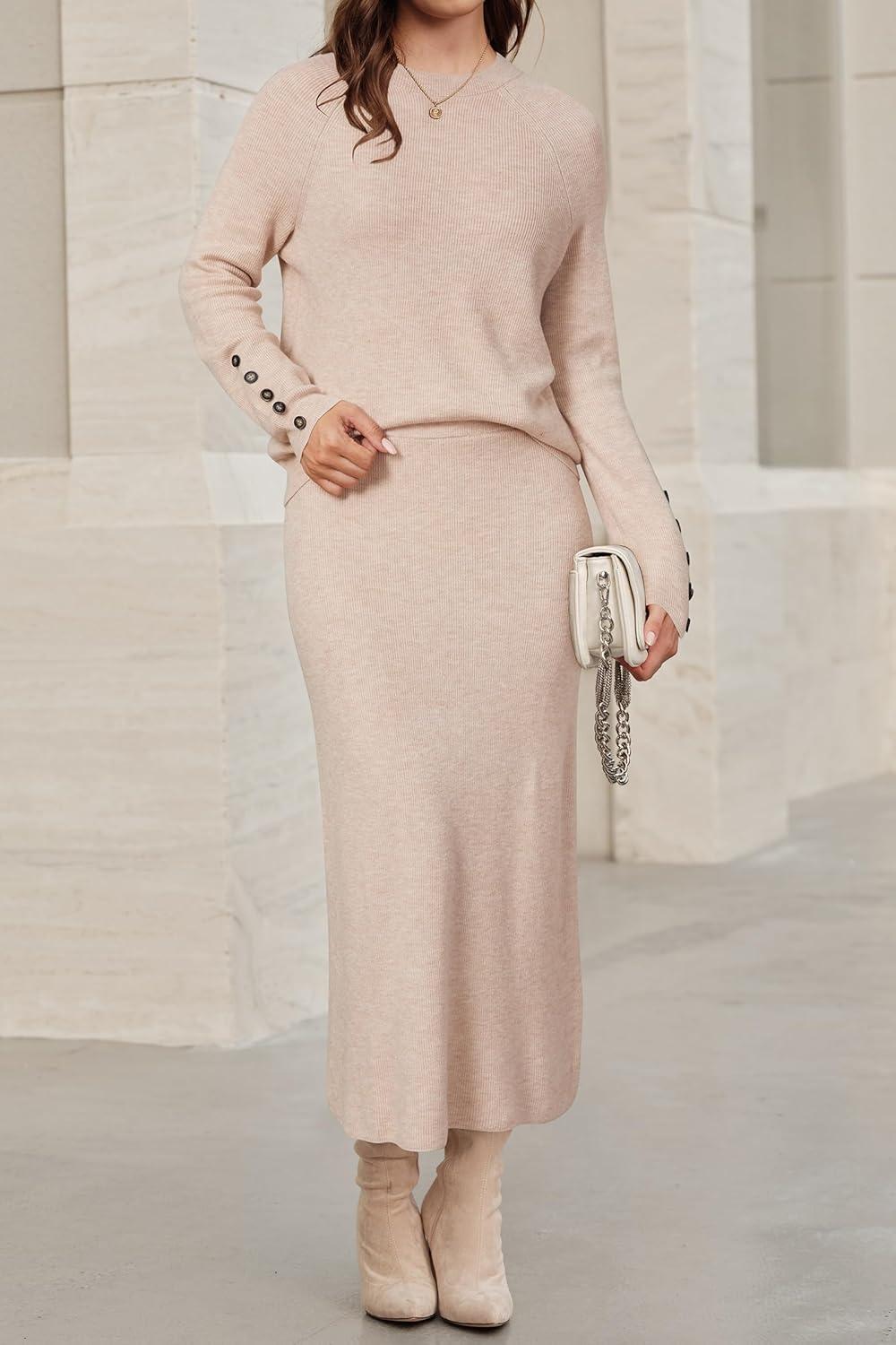 image:imageArachampCloz Womens Wool Blend Sweater 2 Piece Sets Business Lounge Long Sleeve Top Midi Dress OutfitsApricot