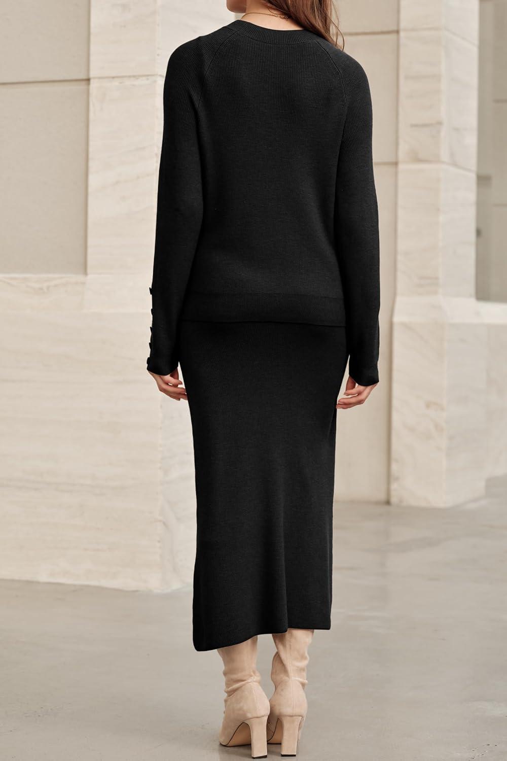 image:imageArachampCloz Womens Wool Blend Sweater 2 Piece Sets Business Lounge Long Sleeve Top Midi Dress OutfitsBlack