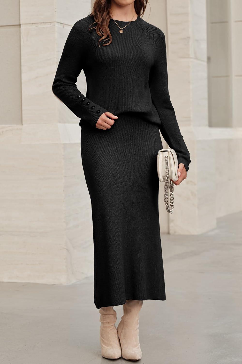 image:imageArachampCloz Womens Wool Blend Sweater 2 Piece Sets Business Lounge Long Sleeve Top Midi Dress OutfitsBlack