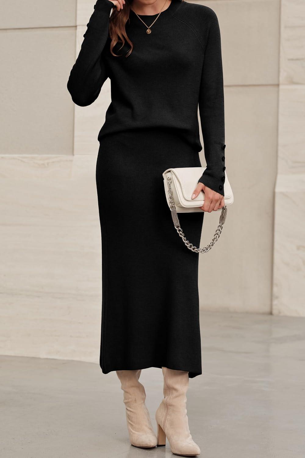 image:imageArachampCloz Womens Wool Blend Sweater 2 Piece Sets Business Lounge Long Sleeve Top Midi Dress OutfitsBlack