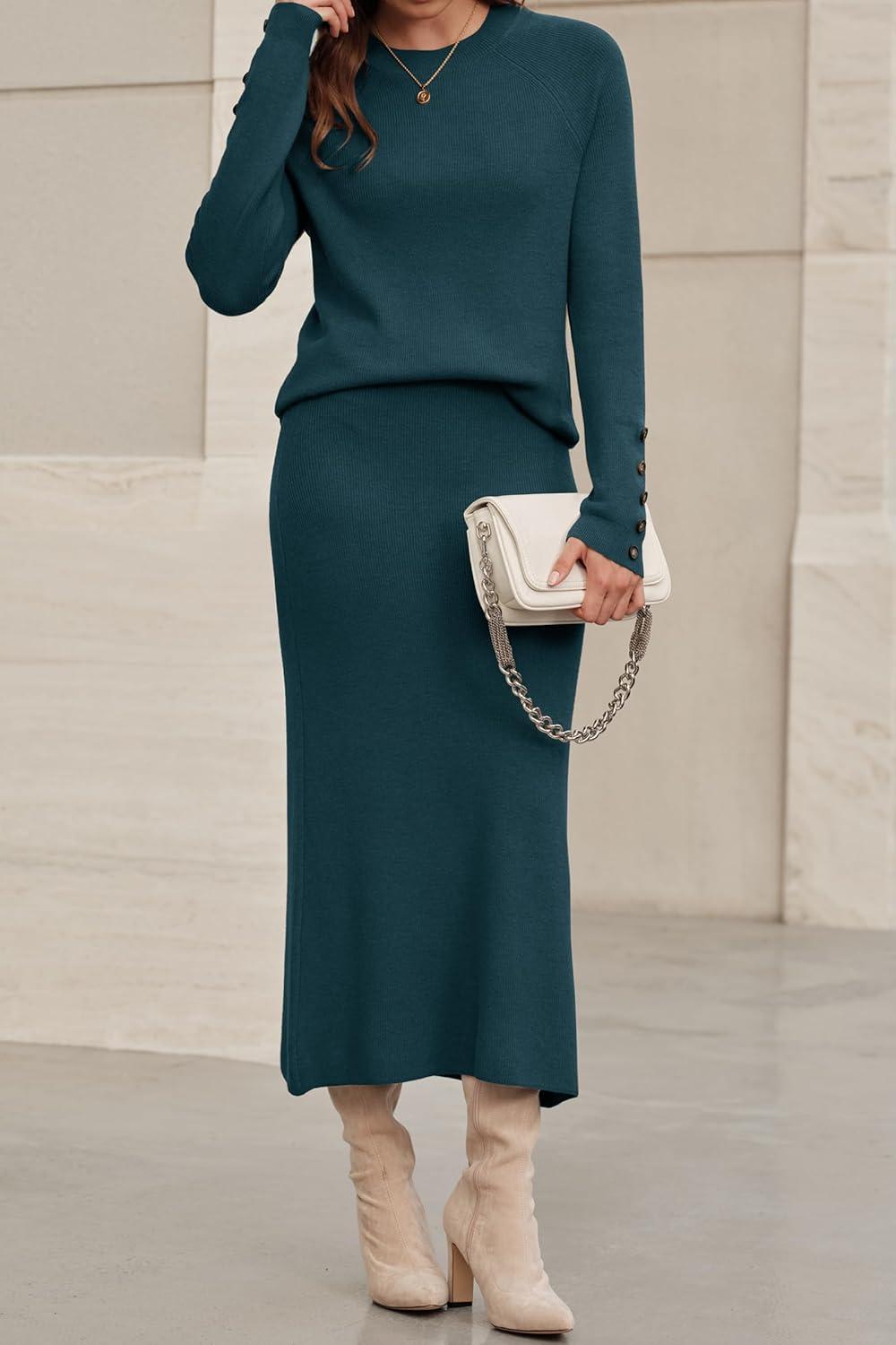 image:imageArachampCloz Womens Wool Blend Sweater 2 Piece Sets Business Lounge Long Sleeve Top Midi Dress OutfitsBluish Green
