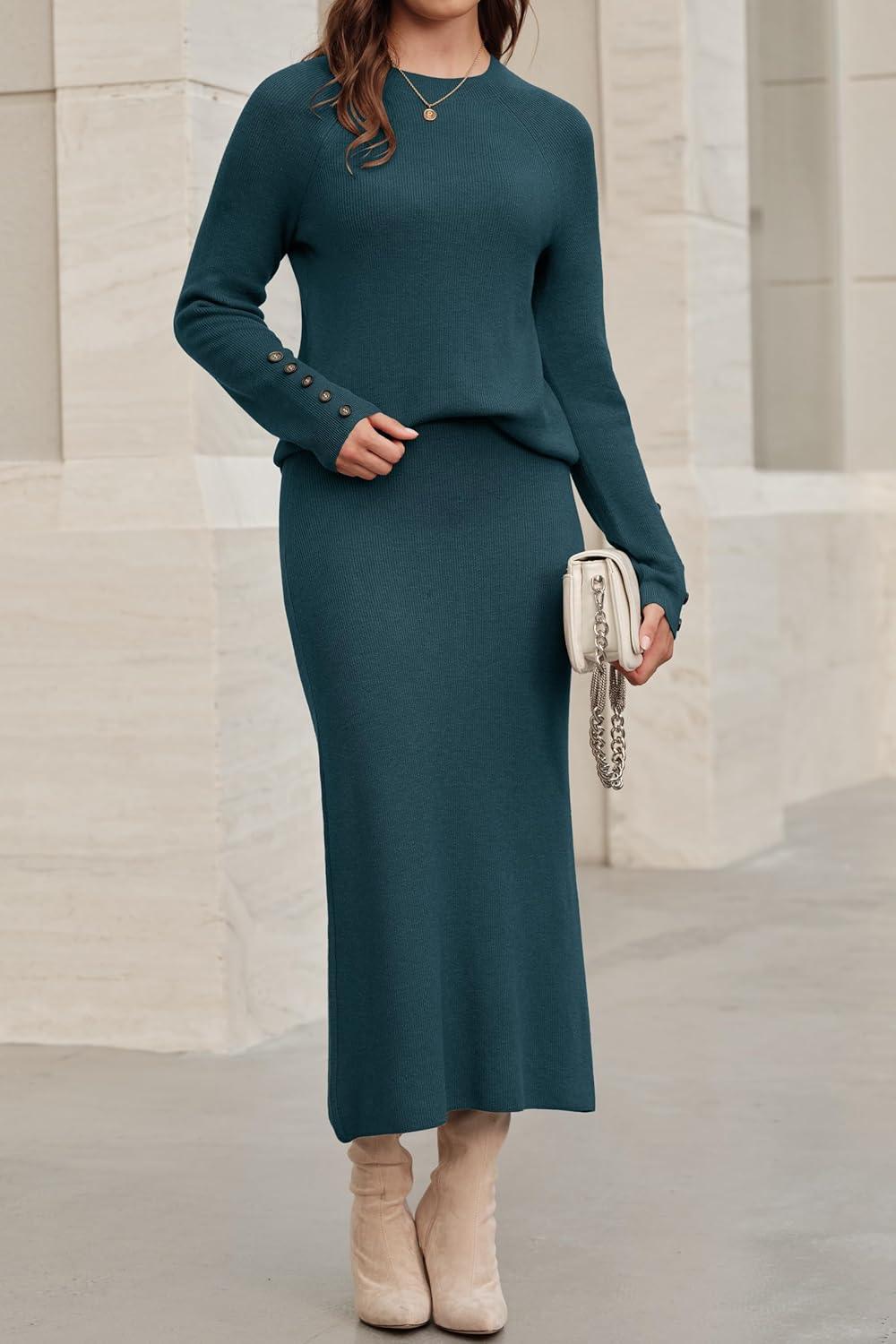 image:imageArachampCloz Womens Wool Blend Sweater 2 Piece Sets Business Lounge Long Sleeve Top Midi Dress OutfitsBluish Green