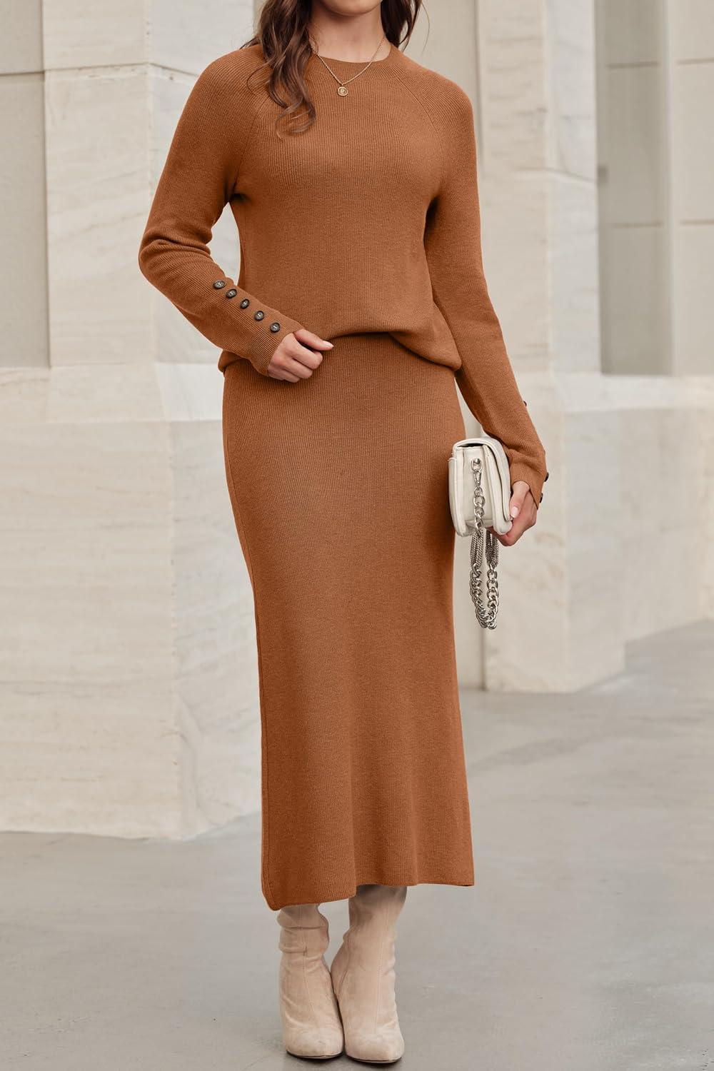 image:imageArachampCloz Womens Wool Blend Sweater 2 Piece Sets Business Lounge Long Sleeve Top Midi Dress OutfitsCaramel