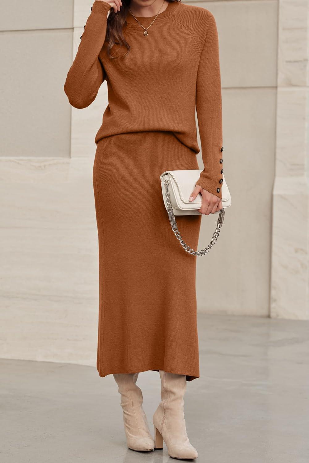 image:imageArachampCloz Womens Wool Blend Sweater 2 Piece Sets Business Lounge Long Sleeve Top Midi Dress OutfitsCaramel