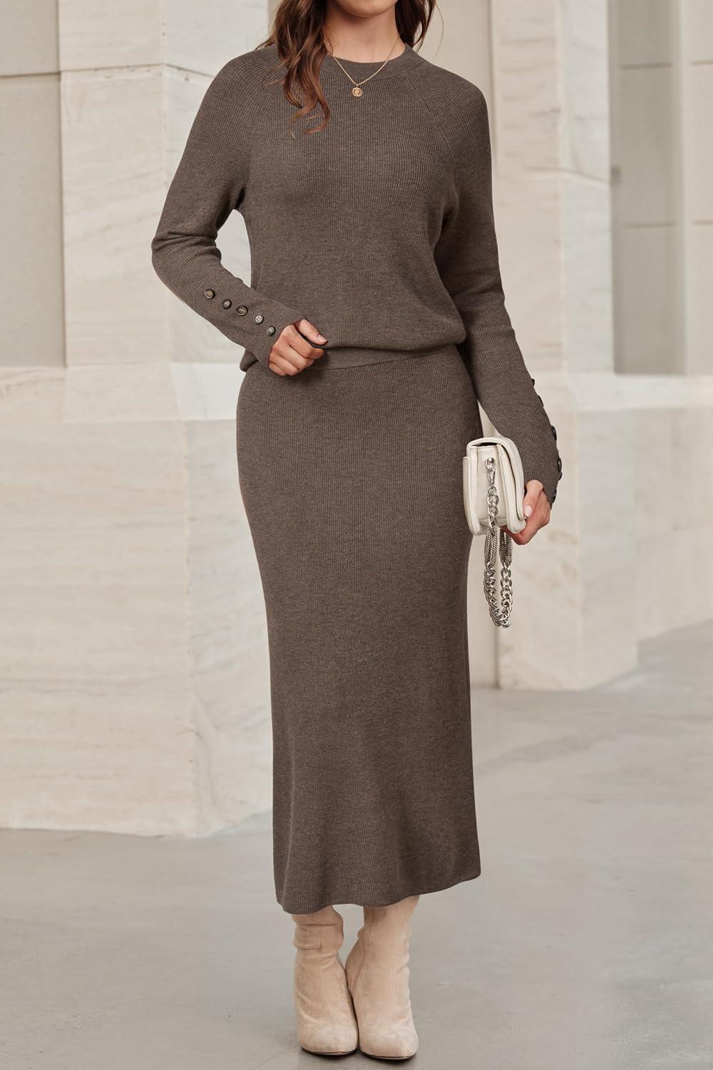 image:imageArachampCloz Womens Wool Blend Sweater 2 Piece Sets Business Lounge Long Sleeve Top Midi Dress OutfitsCoffee
