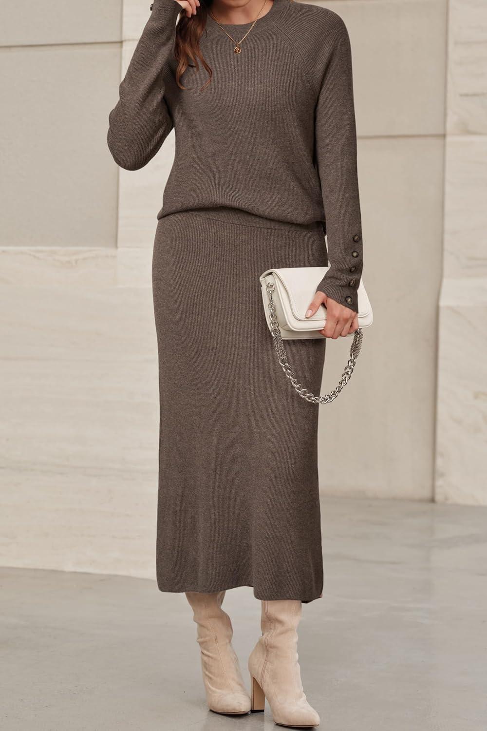 image:imageArachampCloz Womens Wool Blend Sweater 2 Piece Sets Business Lounge Long Sleeve Top Midi Dress OutfitsCoffee