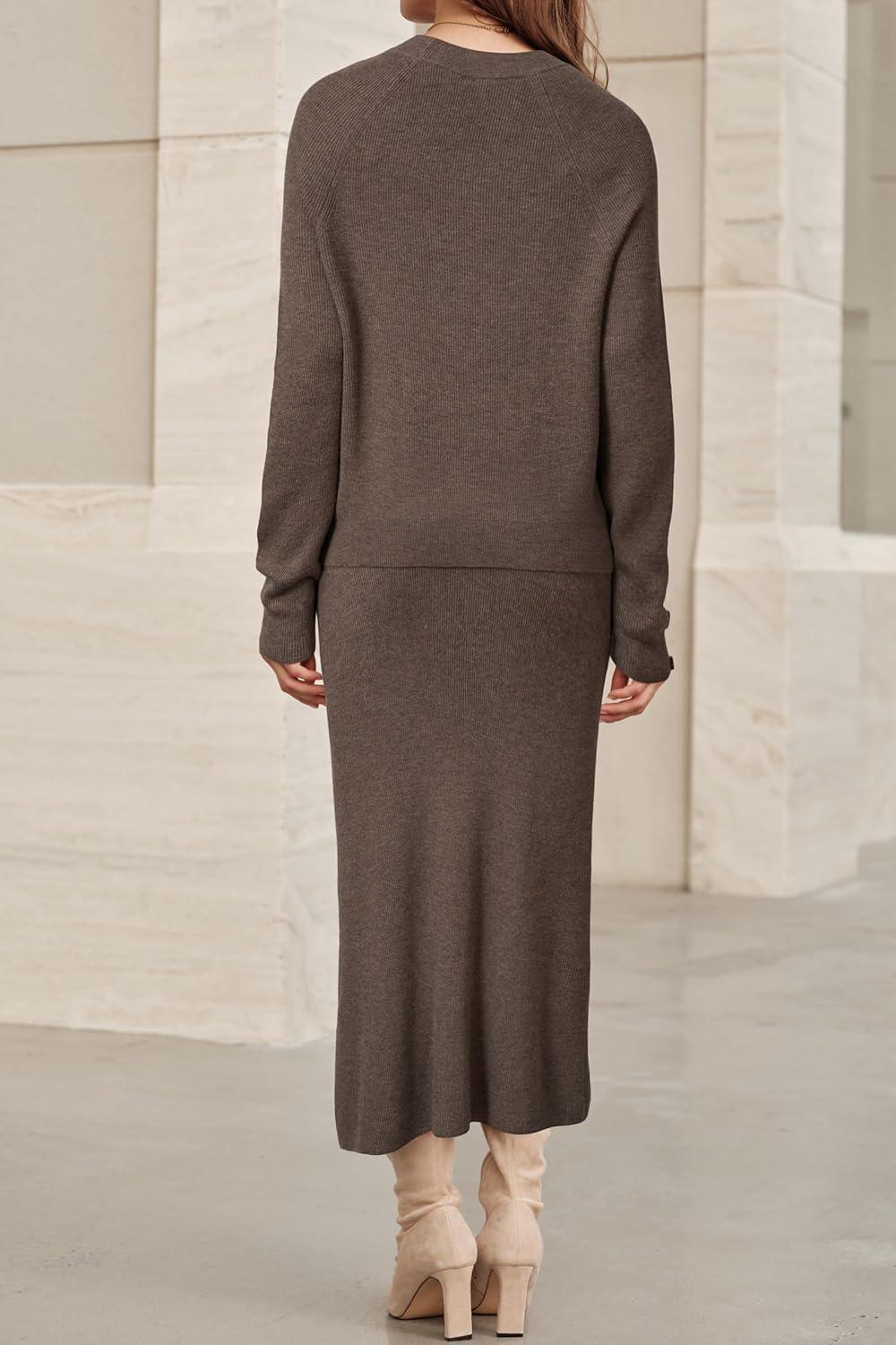 image:imageArachampCloz Womens Wool Blend Sweater 2 Piece Sets Business Lounge Long Sleeve Top Midi Dress OutfitsCoffee