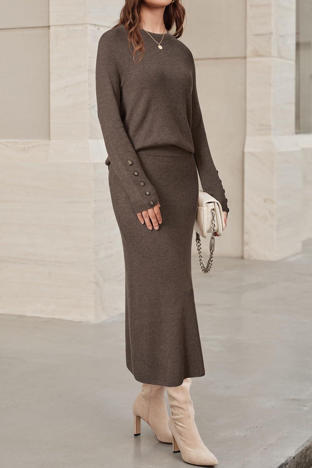 image:imageArachampCloz Womens Wool Blend Sweater 2 Piece Sets Business Lounge Long Sleeve Top Midi Dress OutfitsCoffee
