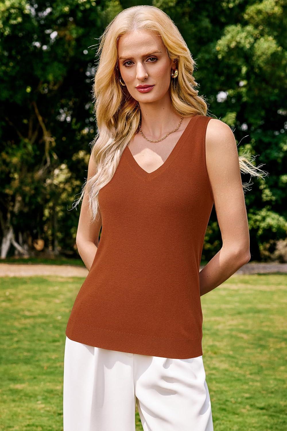 image:imageArachampCloz Womens Wool Blend Sweaters Non See Through Double VNeck AllSeason Tank 2026Caramel