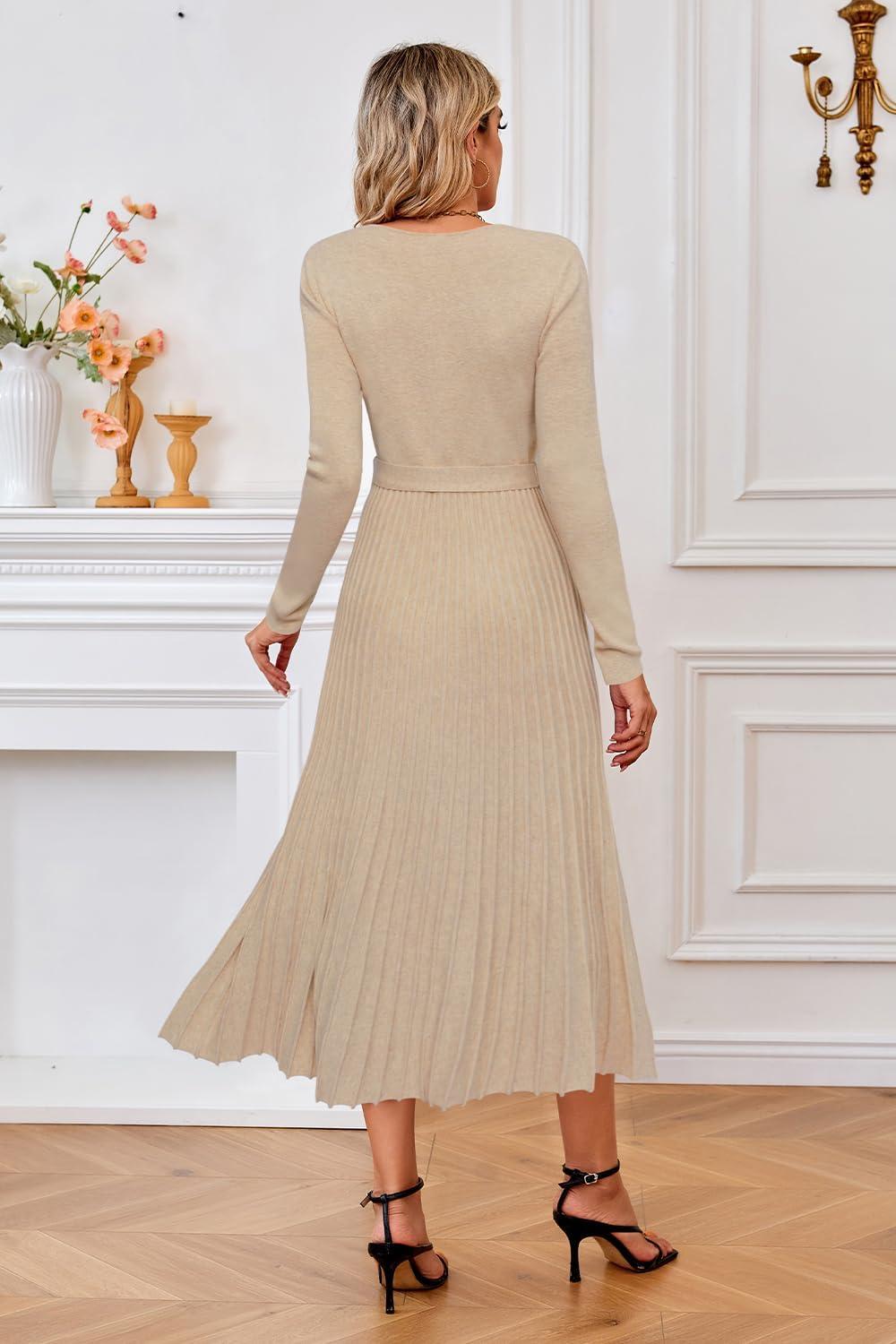 image:imageArachampCloz Womens Wool Blend Tie Waist Pleated Fall Sweater Dress 2025Apricot