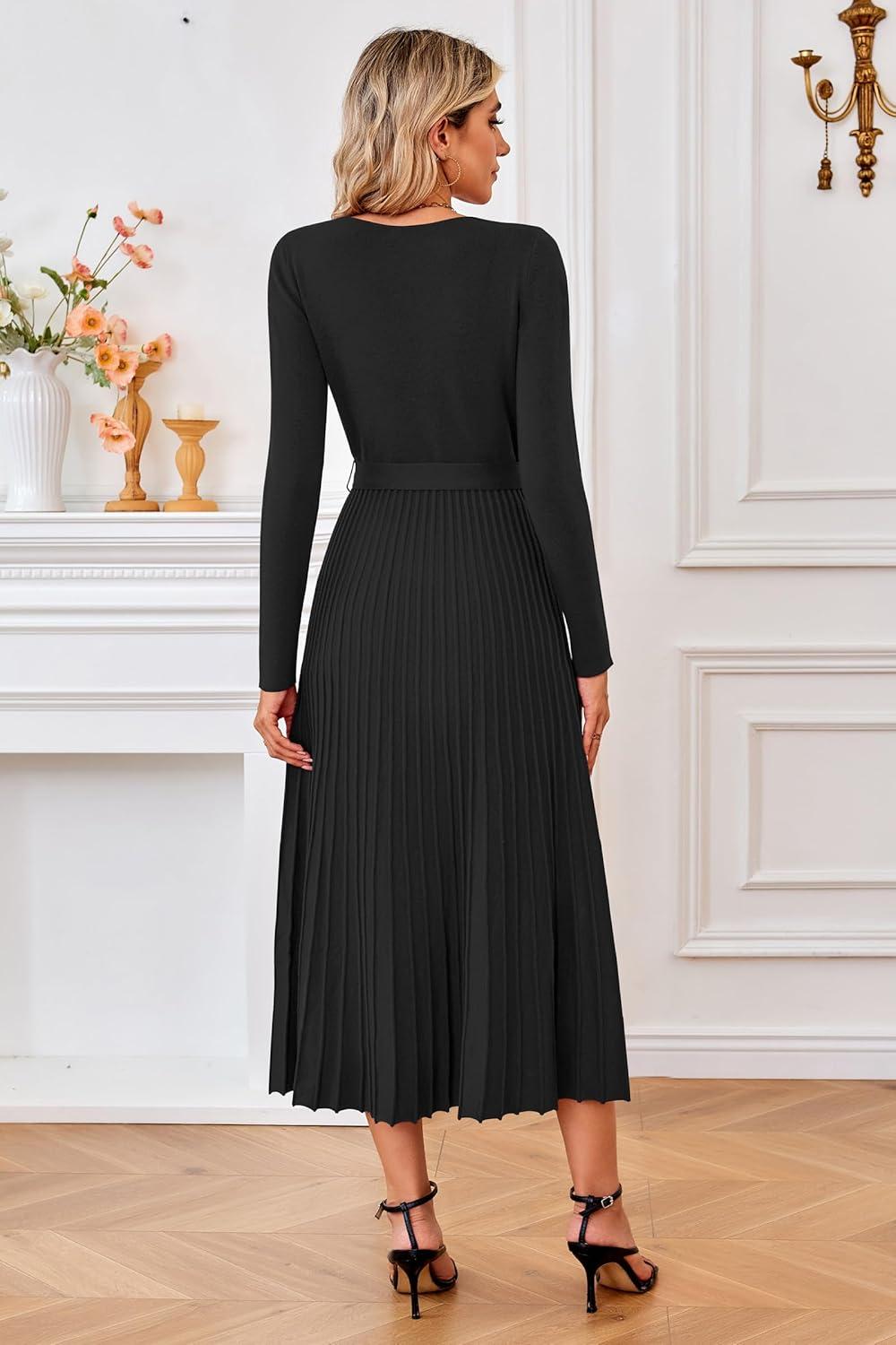 image:imageArachampCloz Womens Wool Blend Tie Waist Pleated Fall Sweater Dress 2025Black