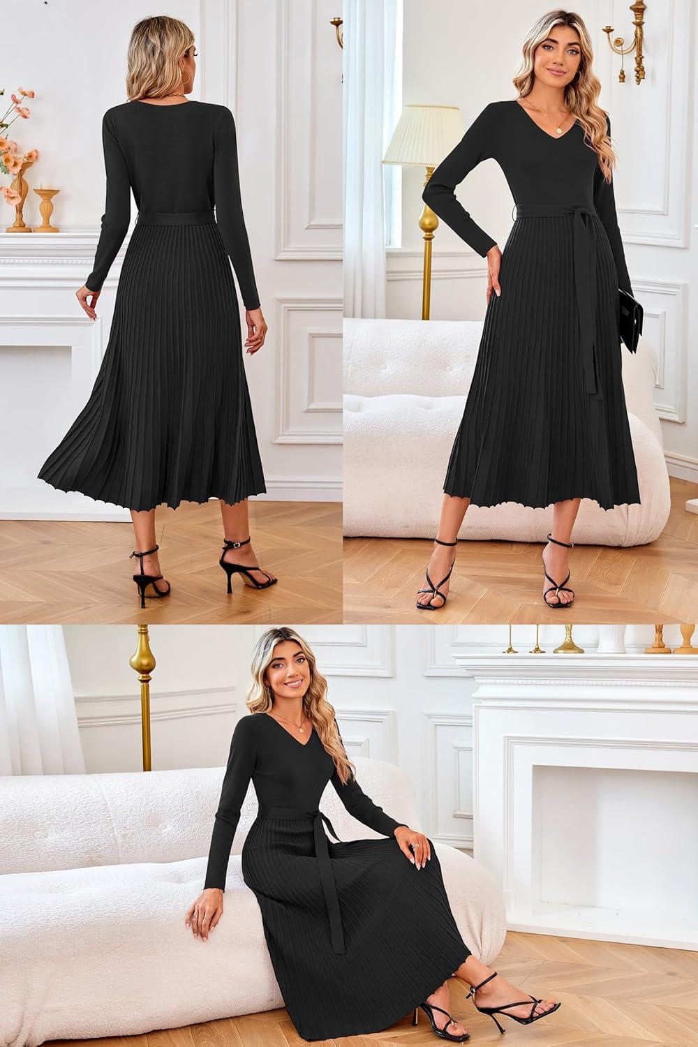 image:imageArachampCloz Womens Wool Blend Tie Waist Pleated Fall Sweater Dress 2025Black