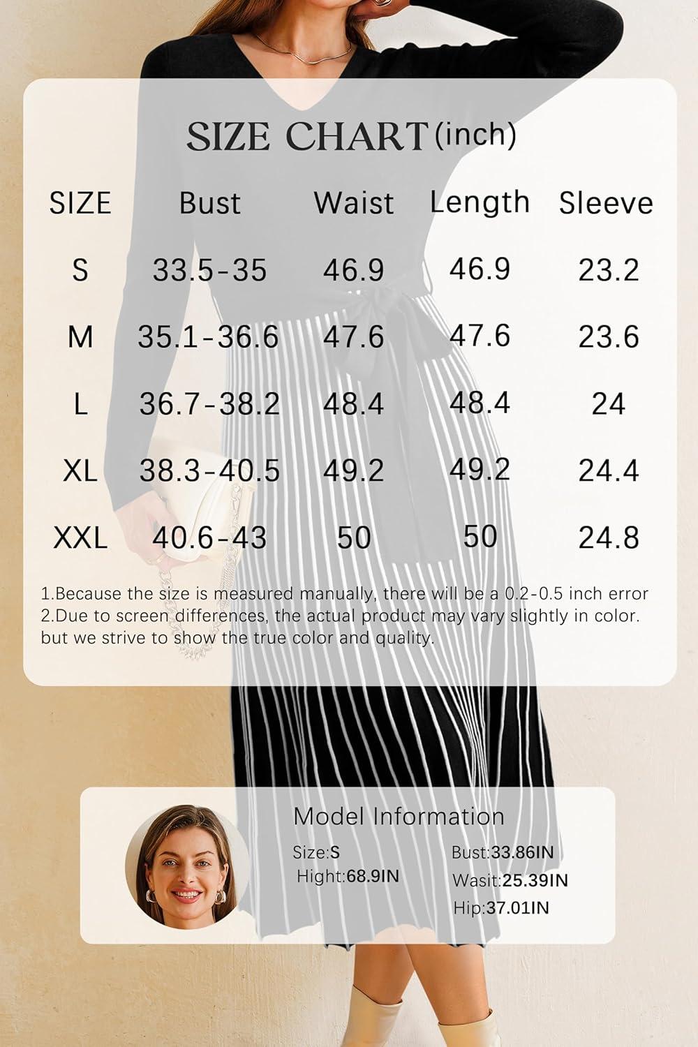 image:imageArachampCloz Womens Wool Blend Tie Waist Pleated Fall Sweater Dress 2025Blackwhite Stripe