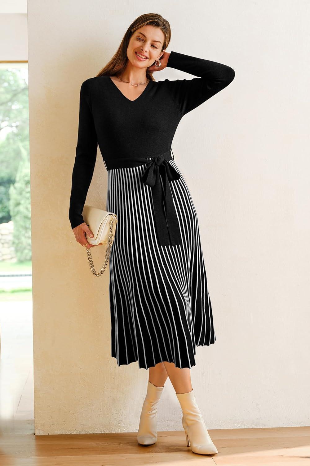 image:imageArachampCloz Womens Wool Blend Tie Waist Pleated Fall Sweater Dress 2025Blackwhite Stripe
