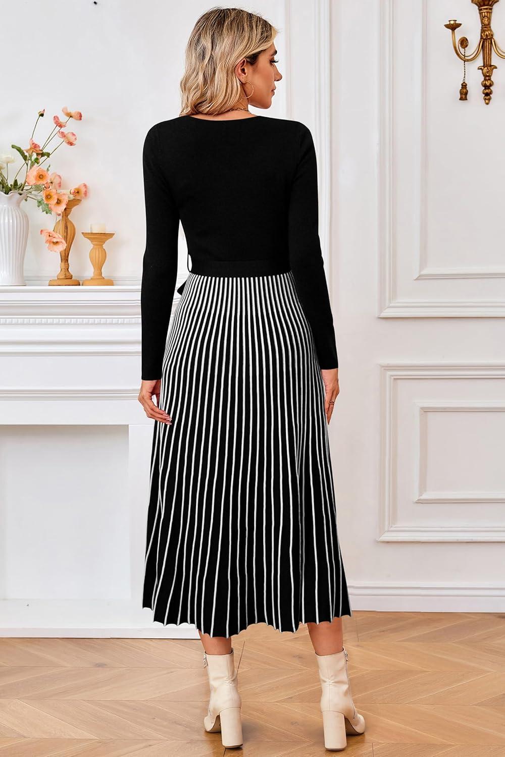 image:imageArachampCloz Womens Wool Blend Tie Waist Pleated Fall Sweater Dress 2025Blackwhite Stripe