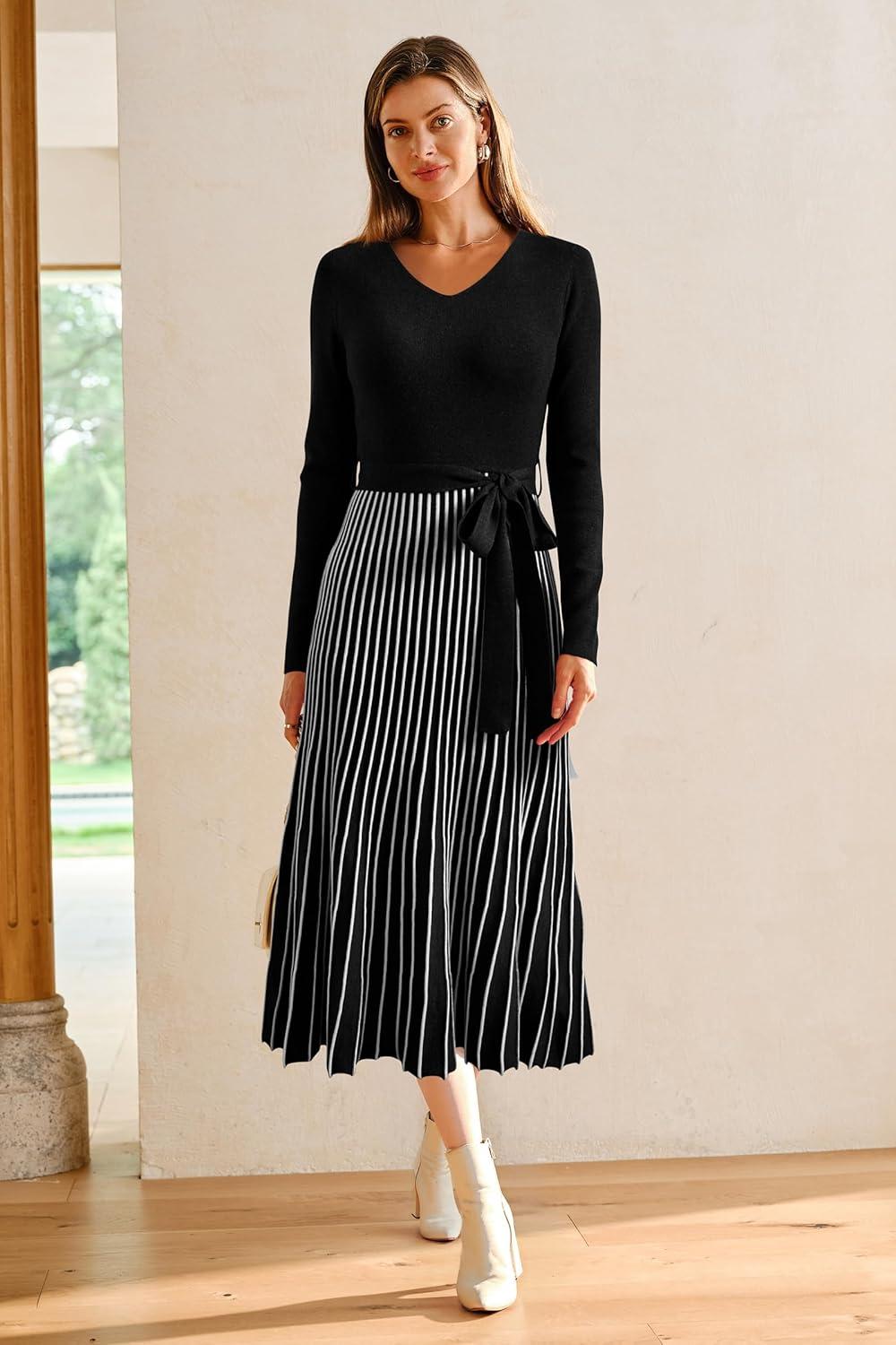 image:imageArachampCloz Womens Wool Blend Tie Waist Pleated Fall Sweater Dress 2025Blackwhite Stripe