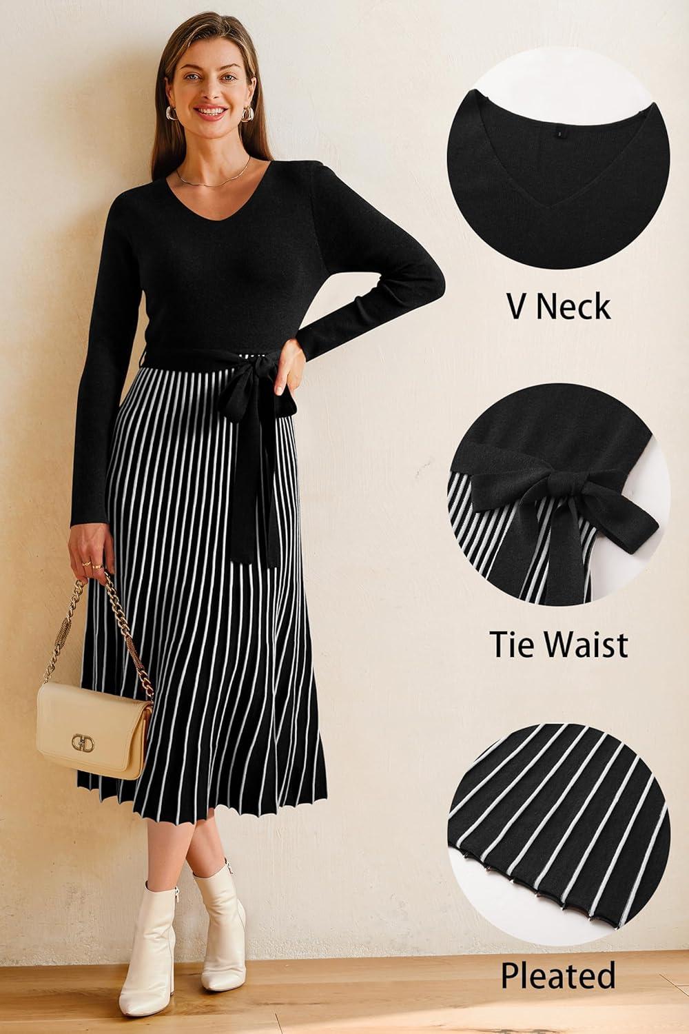 image:imageArachampCloz Womens Wool Blend Tie Waist Pleated Fall Sweater Dress 2025Blackwhite Stripe