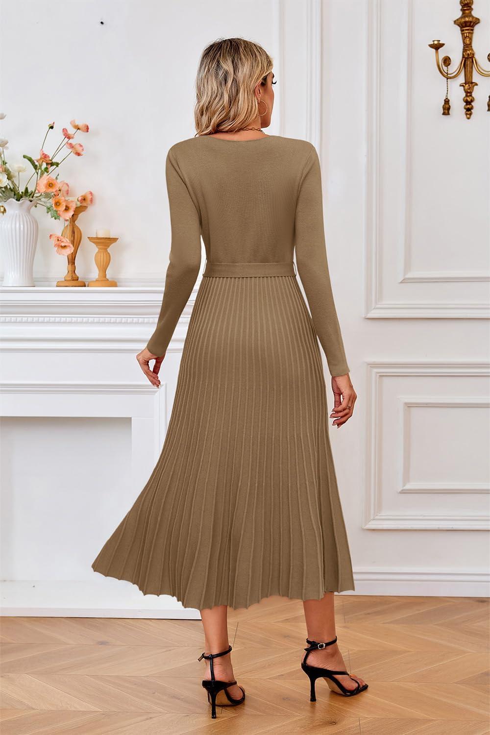 image:imageArachampCloz Womens Wool Blend Tie Waist Pleated Fall Sweater Dress 2025Camel
