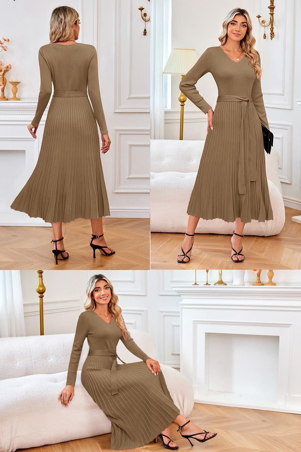 image:imageArachampCloz Womens Wool Blend Tie Waist Pleated Fall Sweater Dress 2025Camel