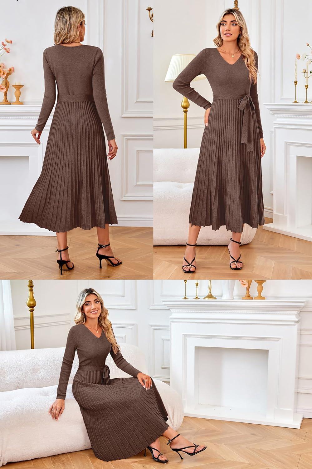 image:imageArachampCloz Womens Wool Blend Tie Waist Pleated Fall Sweater Dress 2025Coffee