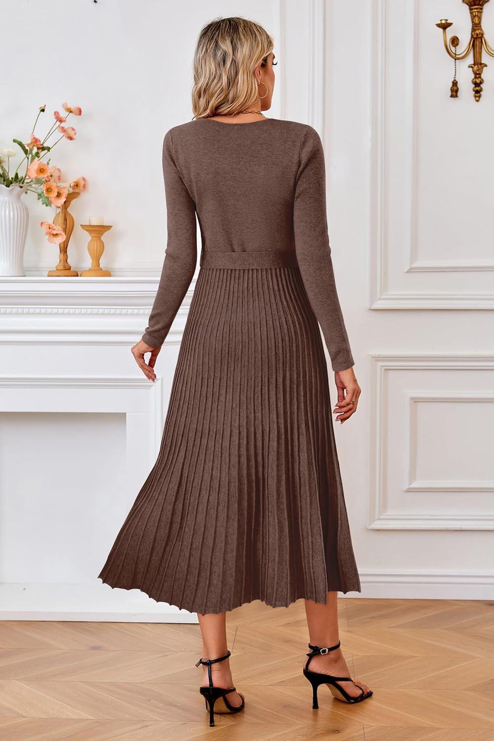 image:imageArachampCloz Womens Wool Blend Tie Waist Pleated Fall Sweater Dress 2025Coffee