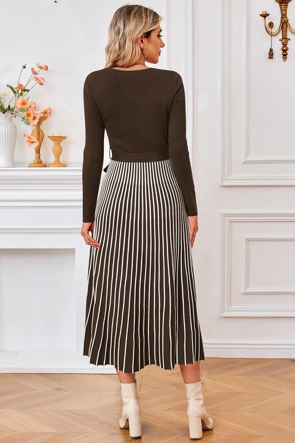 image:imageArachampCloz Womens Wool Blend Tie Waist Pleated Fall Sweater Dress 2025Coffeewhite Stripe