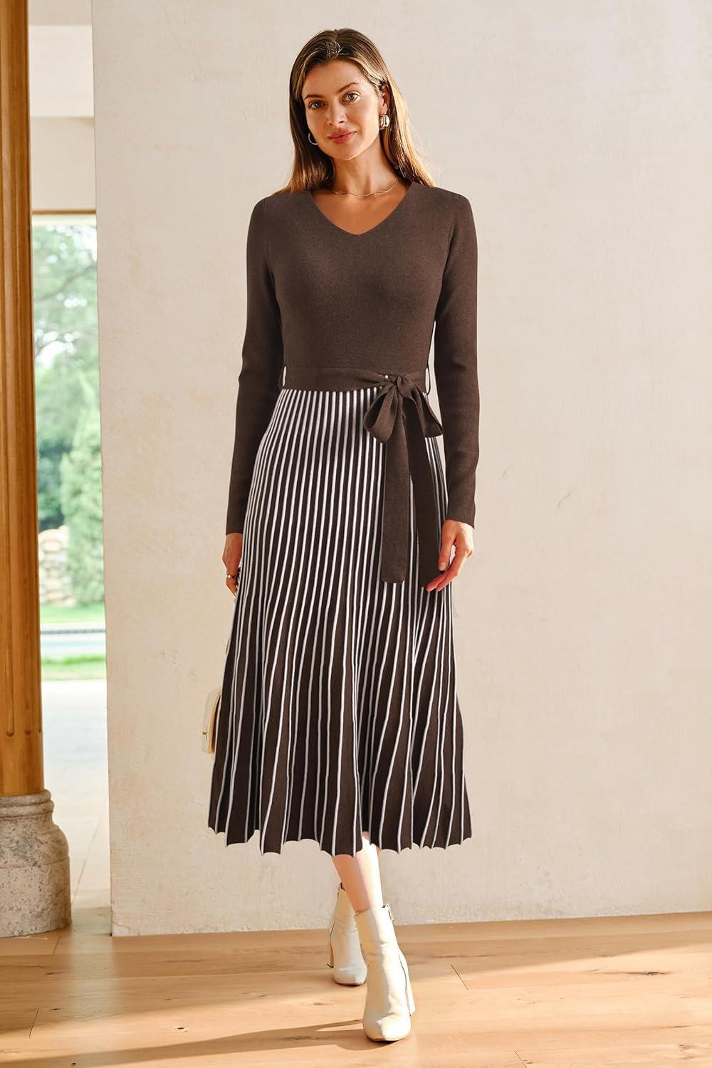 image:imageArachampCloz Womens Wool Blend Tie Waist Pleated Fall Sweater Dress 2025Coffeewhite Stripe