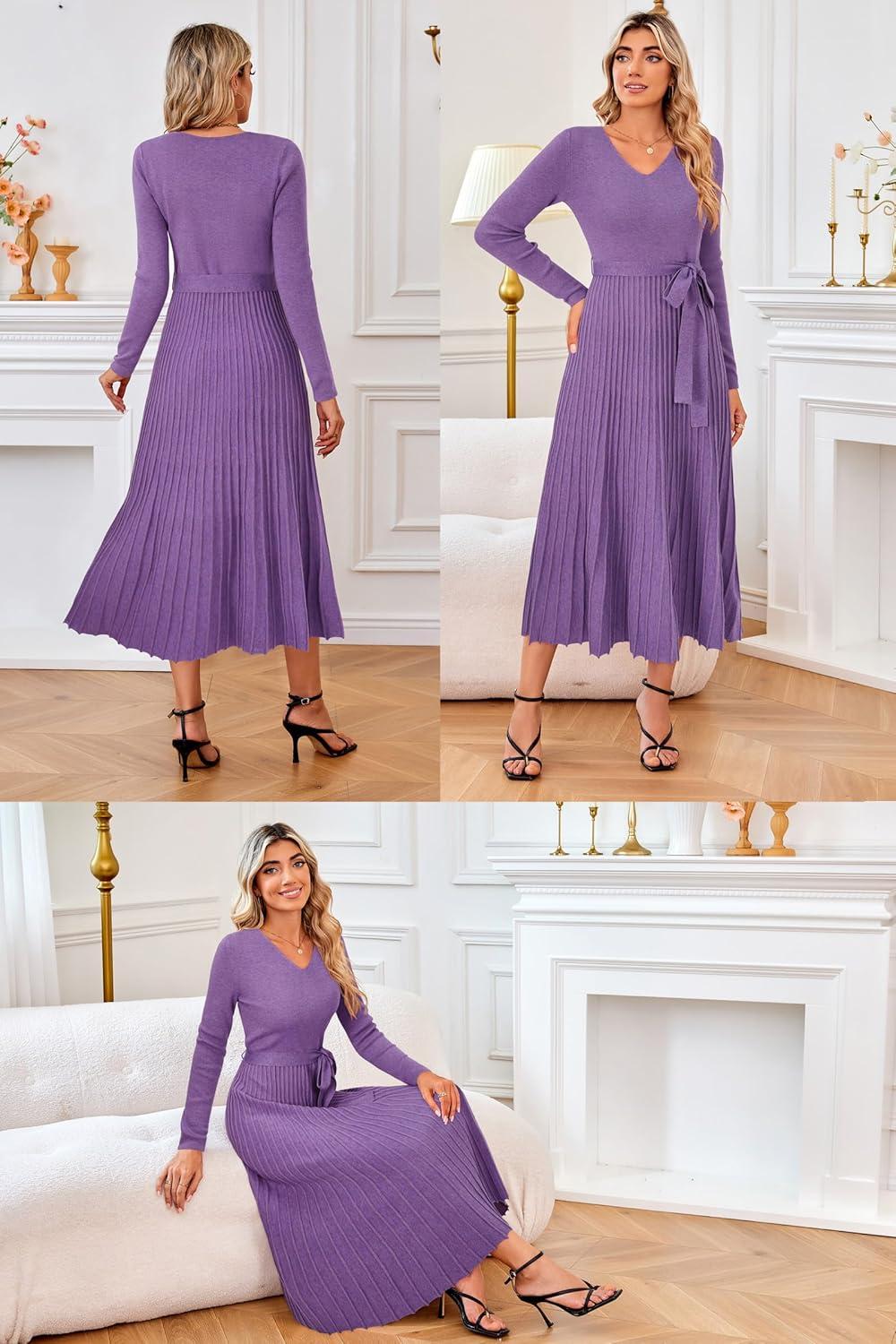 image:imageArachampCloz Womens Wool Blend Tie Waist Pleated Fall Sweater Dress 2025Coral Purple