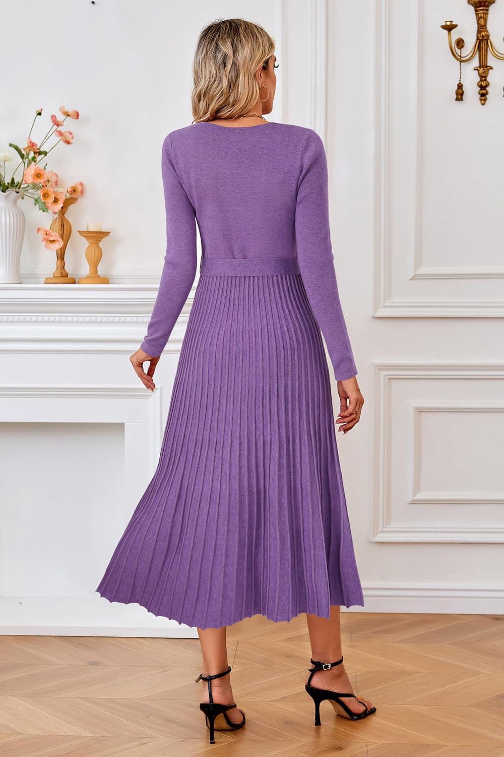 image:imageArachampCloz Womens Wool Blend Tie Waist Pleated Fall Sweater Dress 2025Coral Purple
