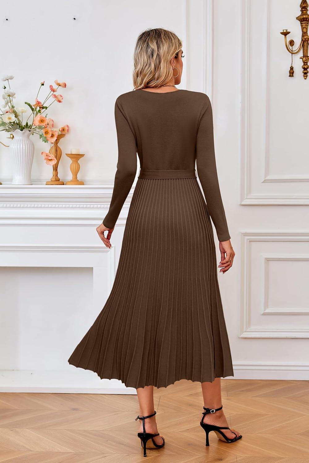 image:imageArachampCloz Womens Wool Blend Tie Waist Pleated Fall Sweater Dress 2025Dark Camel