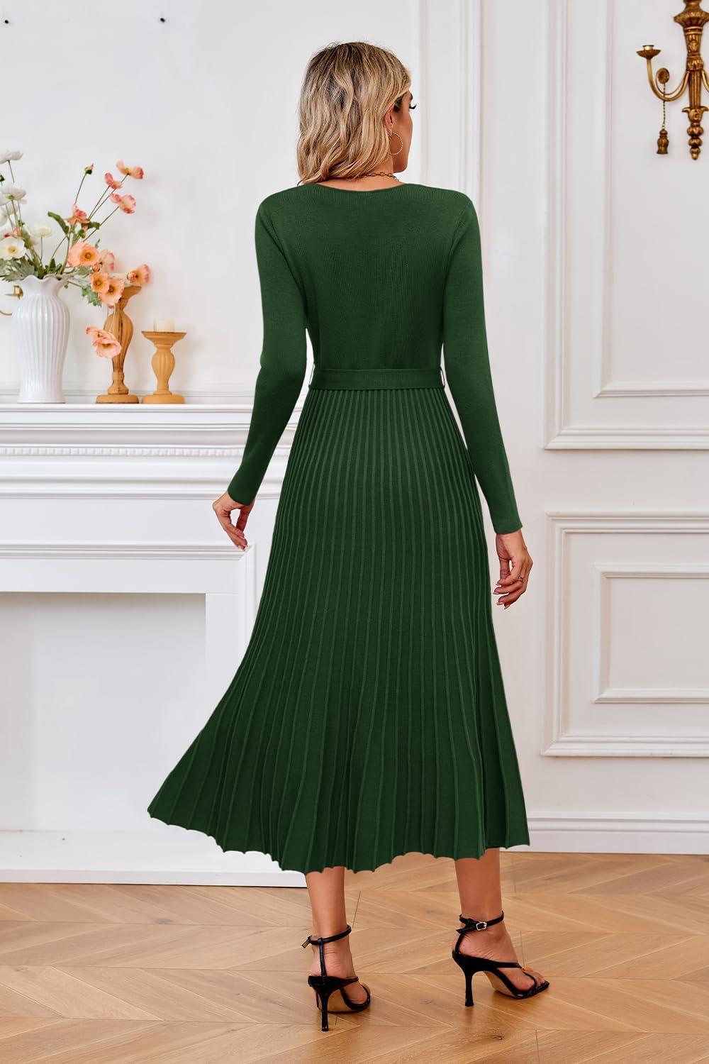 image:imageArachampCloz Womens Wool Blend Tie Waist Pleated Fall Sweater Dress 2025Dark Green