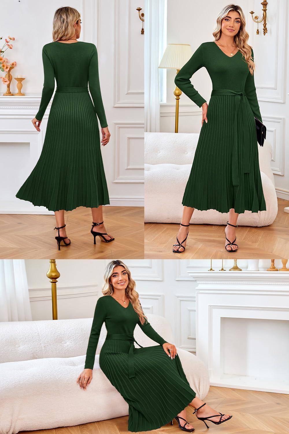 image:imageArachampCloz Womens Wool Blend Tie Waist Pleated Fall Sweater Dress 2025Dark Green