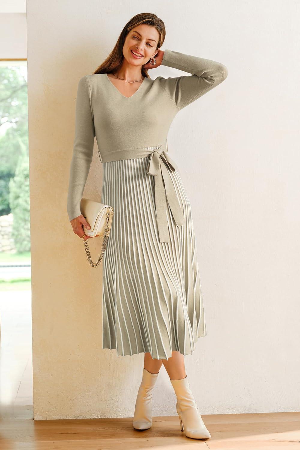 image:imageArachampCloz Womens Wool Blend Tie Waist Pleated Fall Sweater Dress 2025Khakiwhite Stripe