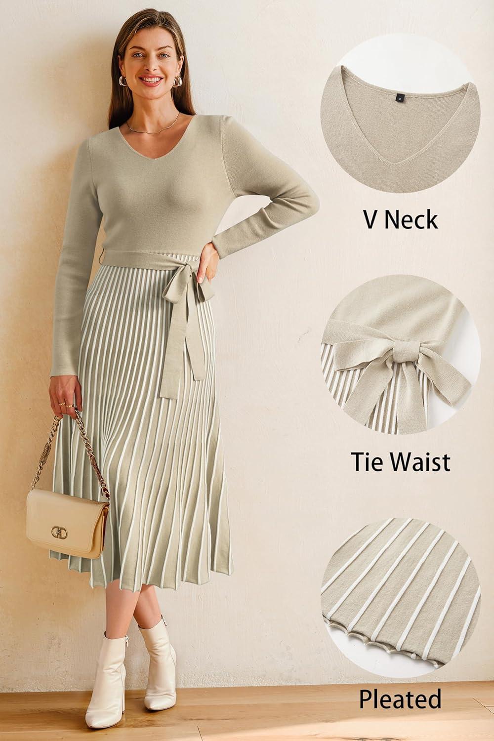image:imageArachampCloz Womens Wool Blend Tie Waist Pleated Fall Sweater Dress 2025Khakiwhite Stripe