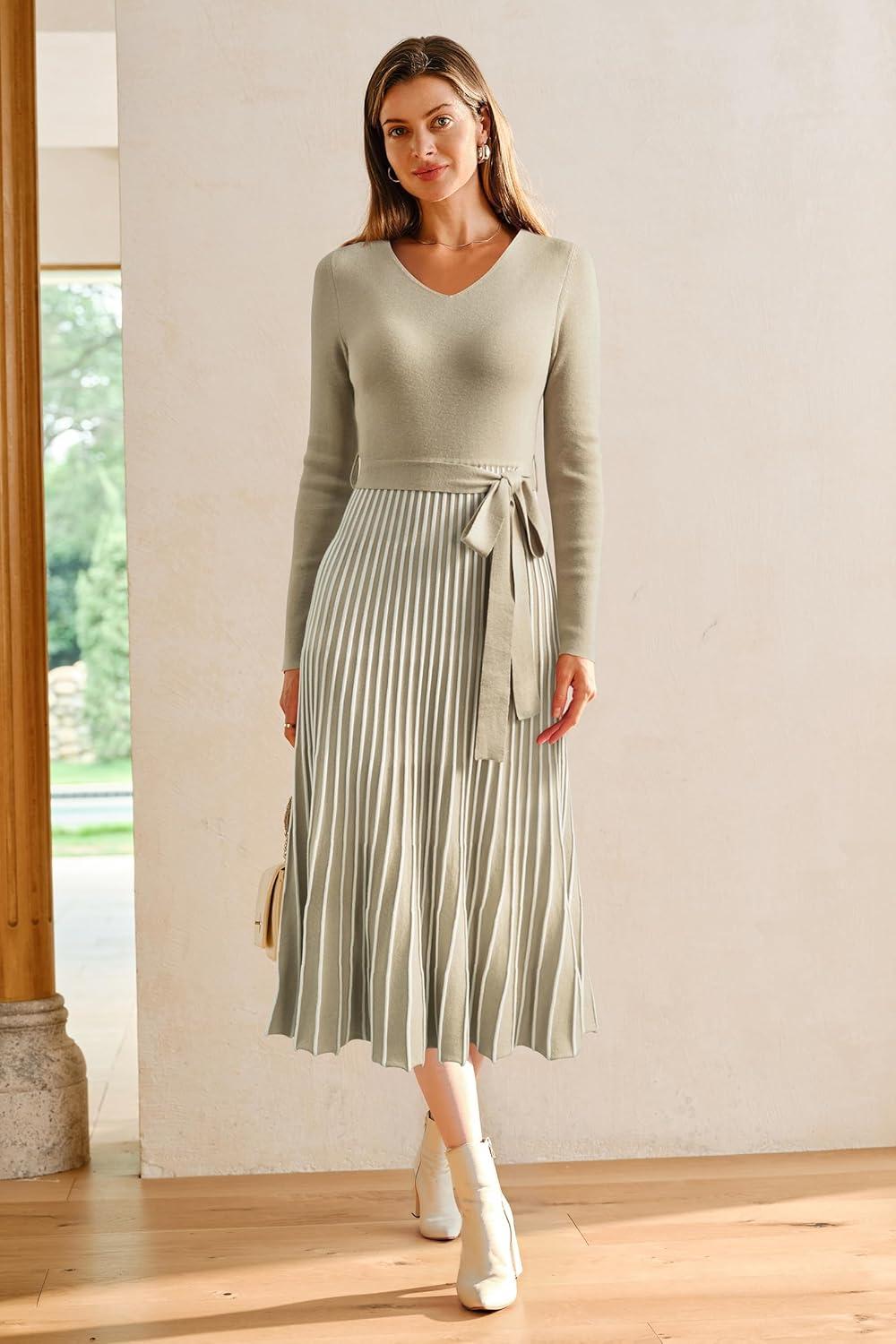 image:imageArachampCloz Womens Wool Blend Tie Waist Pleated Fall Sweater Dress 2025Khakiwhite Stripe