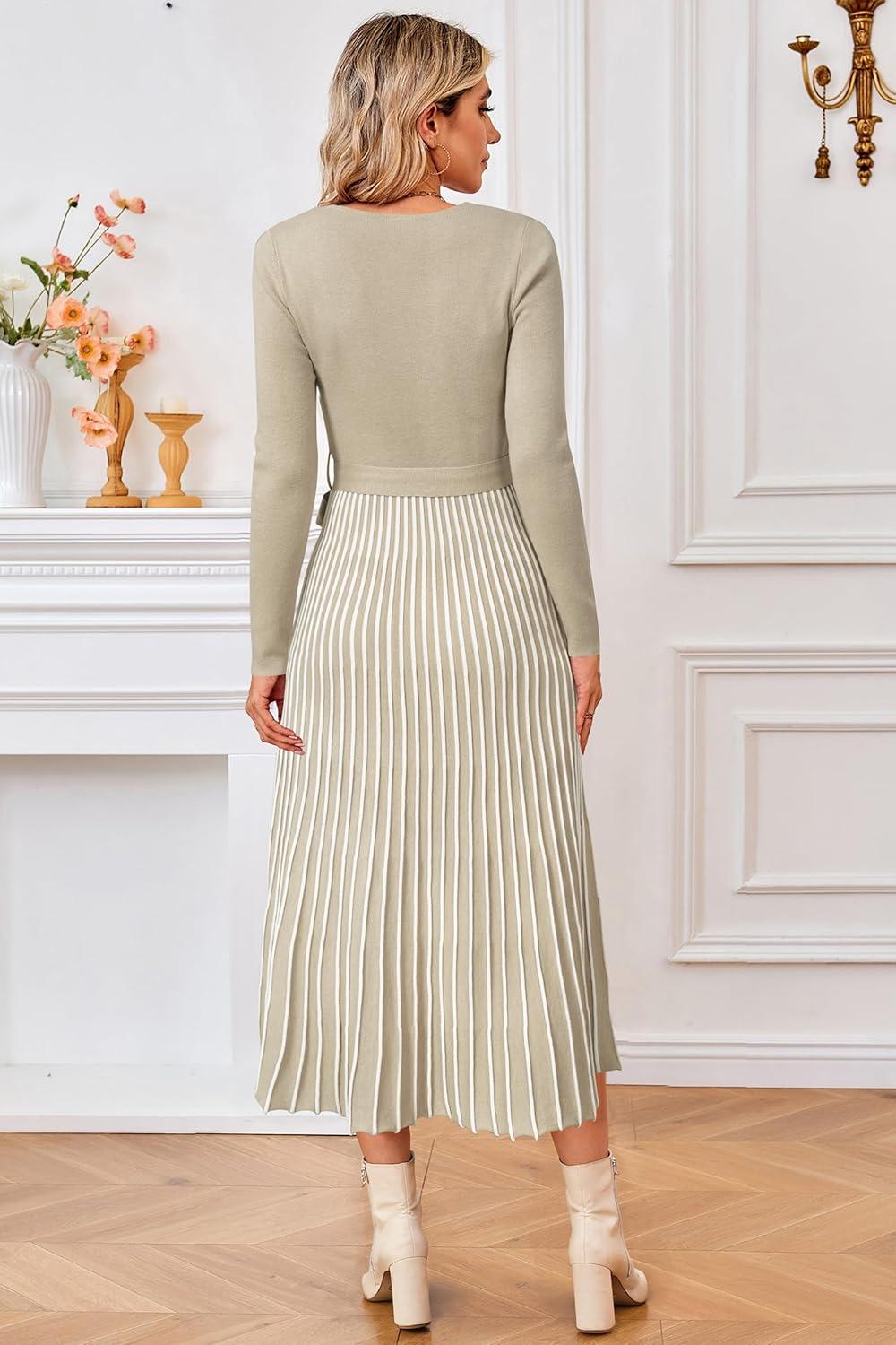 image:imageArachampCloz Womens Wool Blend Tie Waist Pleated Fall Sweater Dress 2025Khakiwhite Stripe