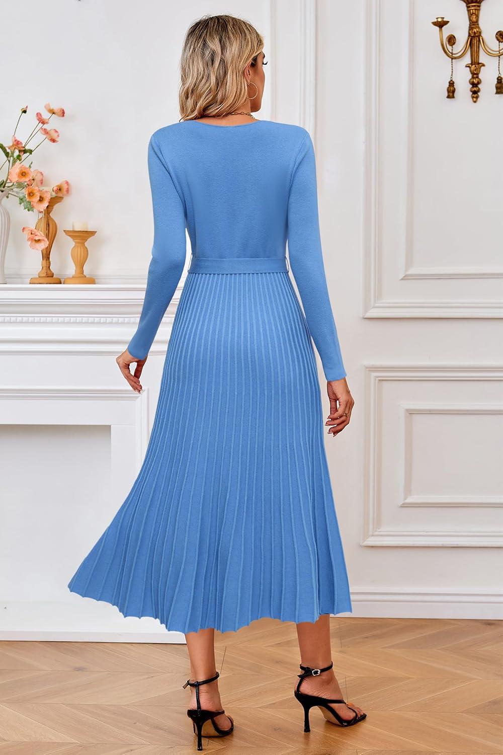image:imageArachampCloz Womens Wool Blend Tie Waist Pleated Fall Sweater Dress 2025Lake Blue