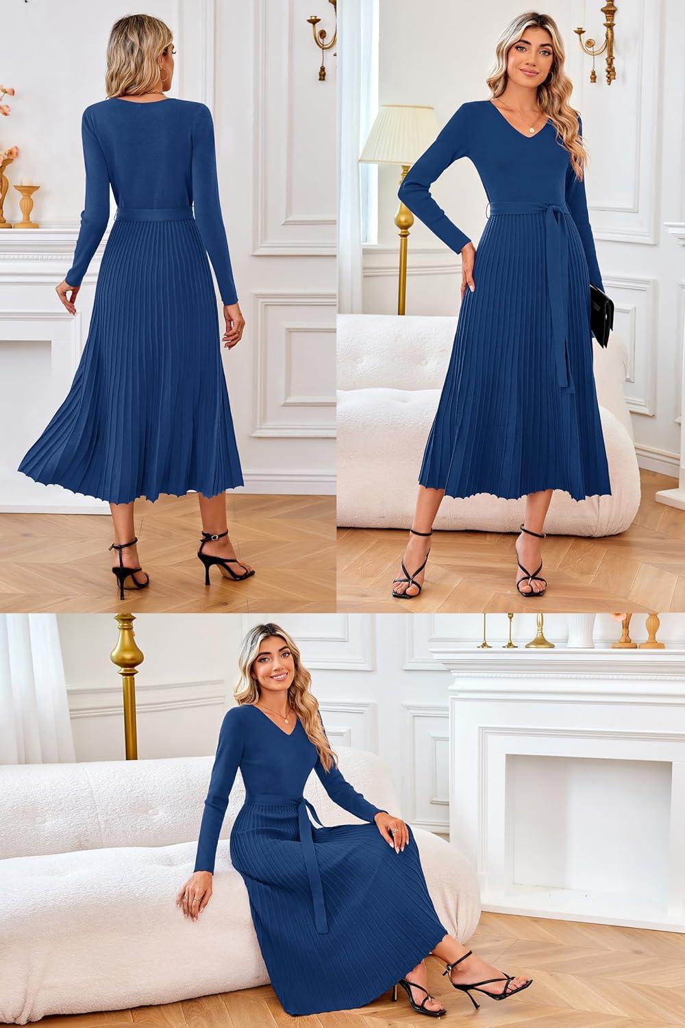 image:imageArachampCloz Womens Wool Blend Tie Waist Pleated Fall Sweater Dress 2025Navy