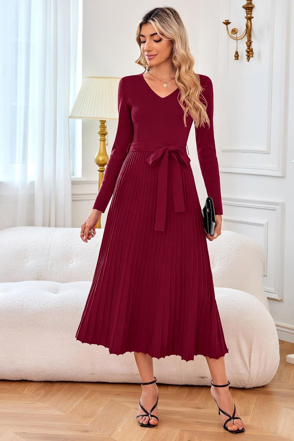 image:imageArachampCloz Womens Wool Blend Tie Waist Pleated Fall Sweater Dress 2025Wine Red